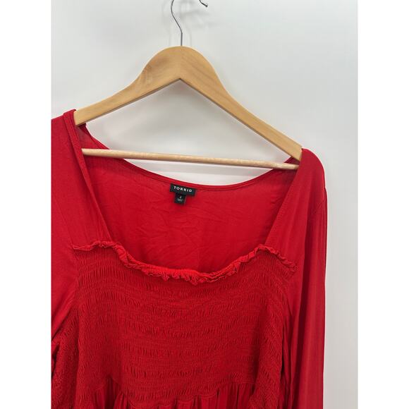 Torrid Red Babydoll Rayon Slub With Lace Inset Smocked Tiered Top Women 4X - Picture 6 of 9